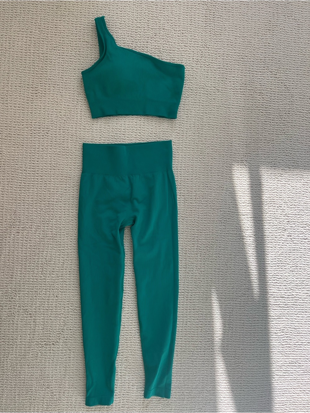 One-Shoulder Teal Ribbed Active Set - Top & High-Waist Leggings